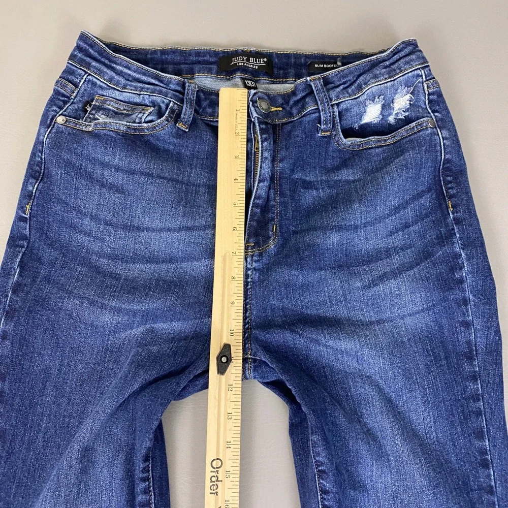 Judy Blue Slim Bootcut Jeans Women's Size 13/31 Blue Dark Wash Distressed